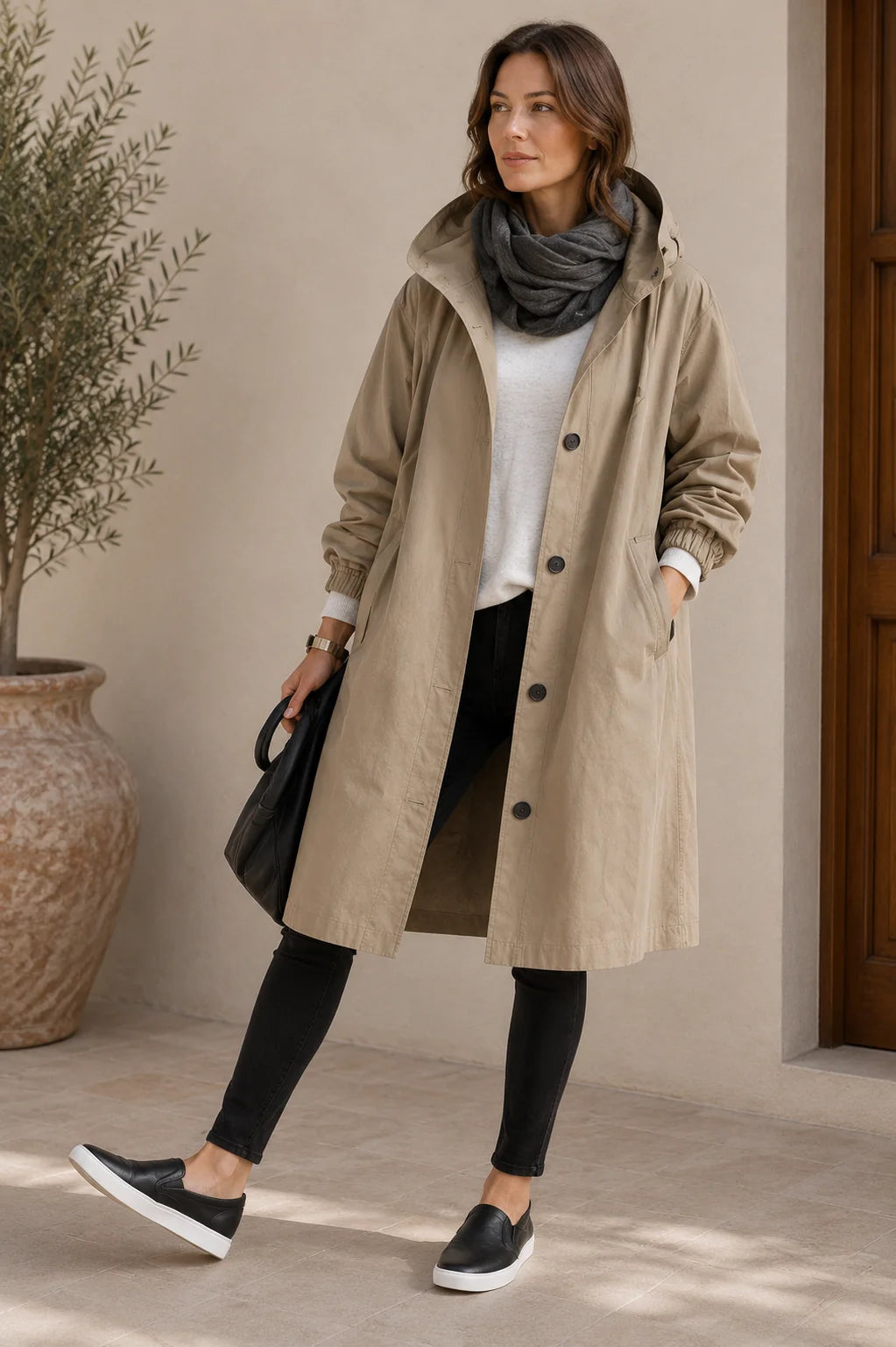 Beige jas met capuchon en steekzakken voor dames, vooraanzicht