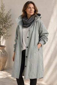 Grijze oversized jas dames met capuchon, vooraanzicht