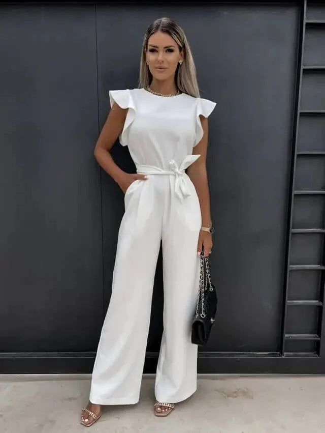 Jumpsuit met Vlindermouwen, Brede Pijpen en Riem – Elegant & Chic – Perrine