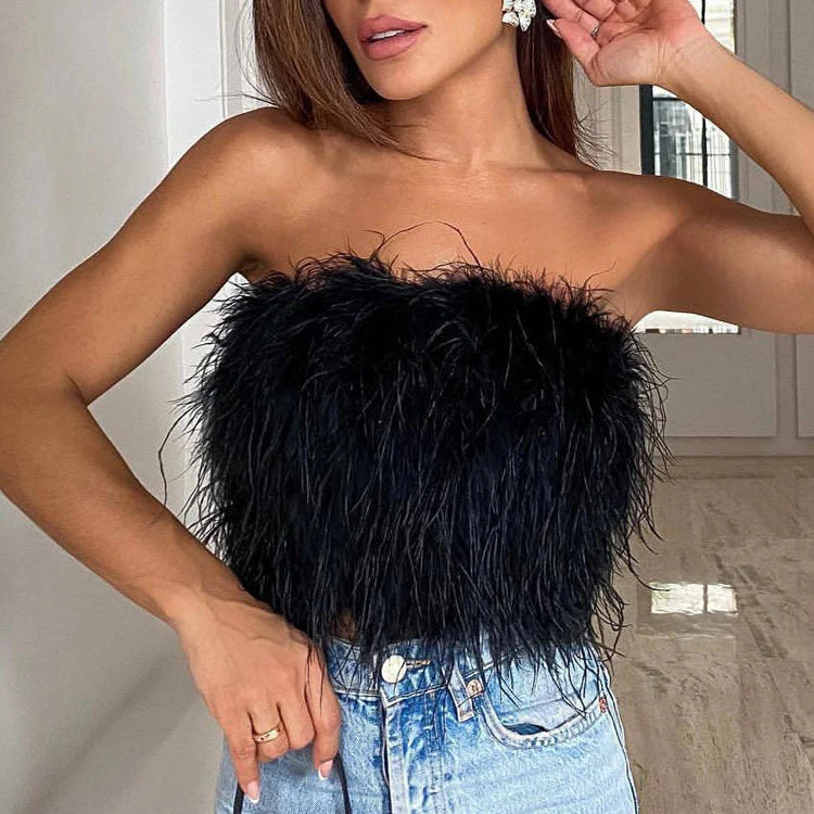 Strapless Bandeau Top met Veren – Glamoureus & Feestelijk – Pleun