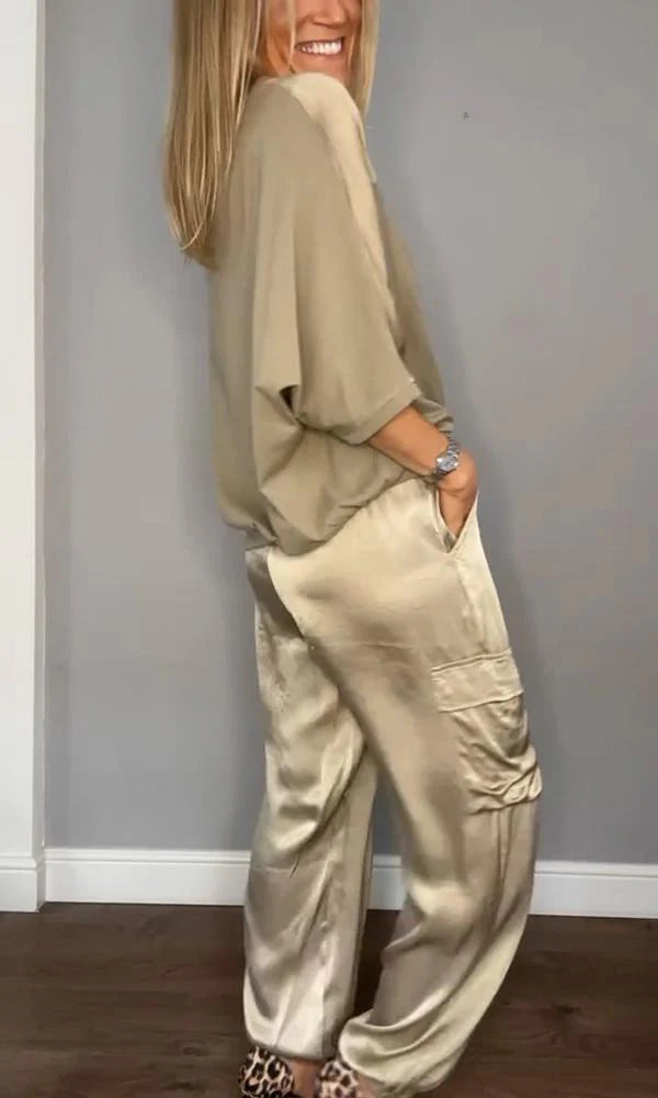 Tweedelige Set met Top met Halve Mouwen en Bijpassende Broek – Verzorgd & Chic – Prunelle