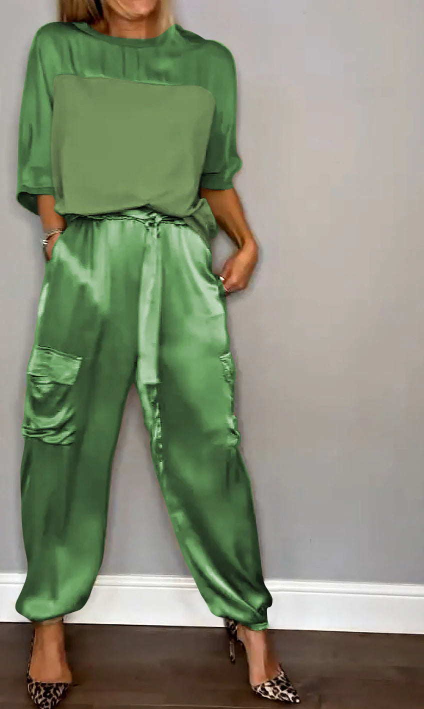 Tweedelige Set met Top met Halve Mouwen en Bijpassende Broek – Verzorgd & Chic – Prunelle