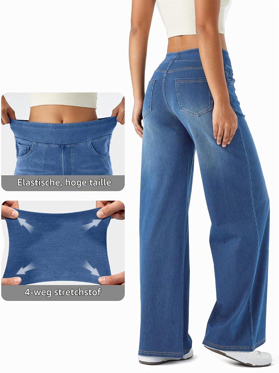 Achteraanzicht van de blauwe jeans met elastische hoge taille en stretchstof