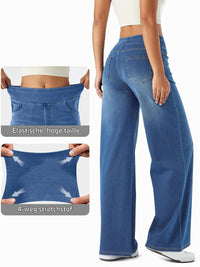 Achteraanzicht van de blauwe jeans met elastische hoge taille en stretchstof
