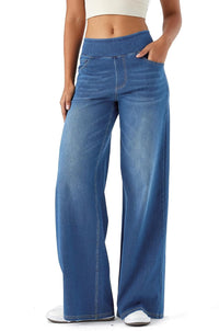 Blauwe pull-on jeans met elastische hoge taille en wijde pijpen, vooraanzicht