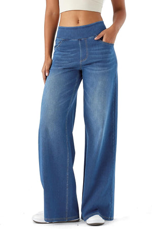 Blauwe Pull-On Dames Jeans met Elastische Taille en Wijde Pijpen
