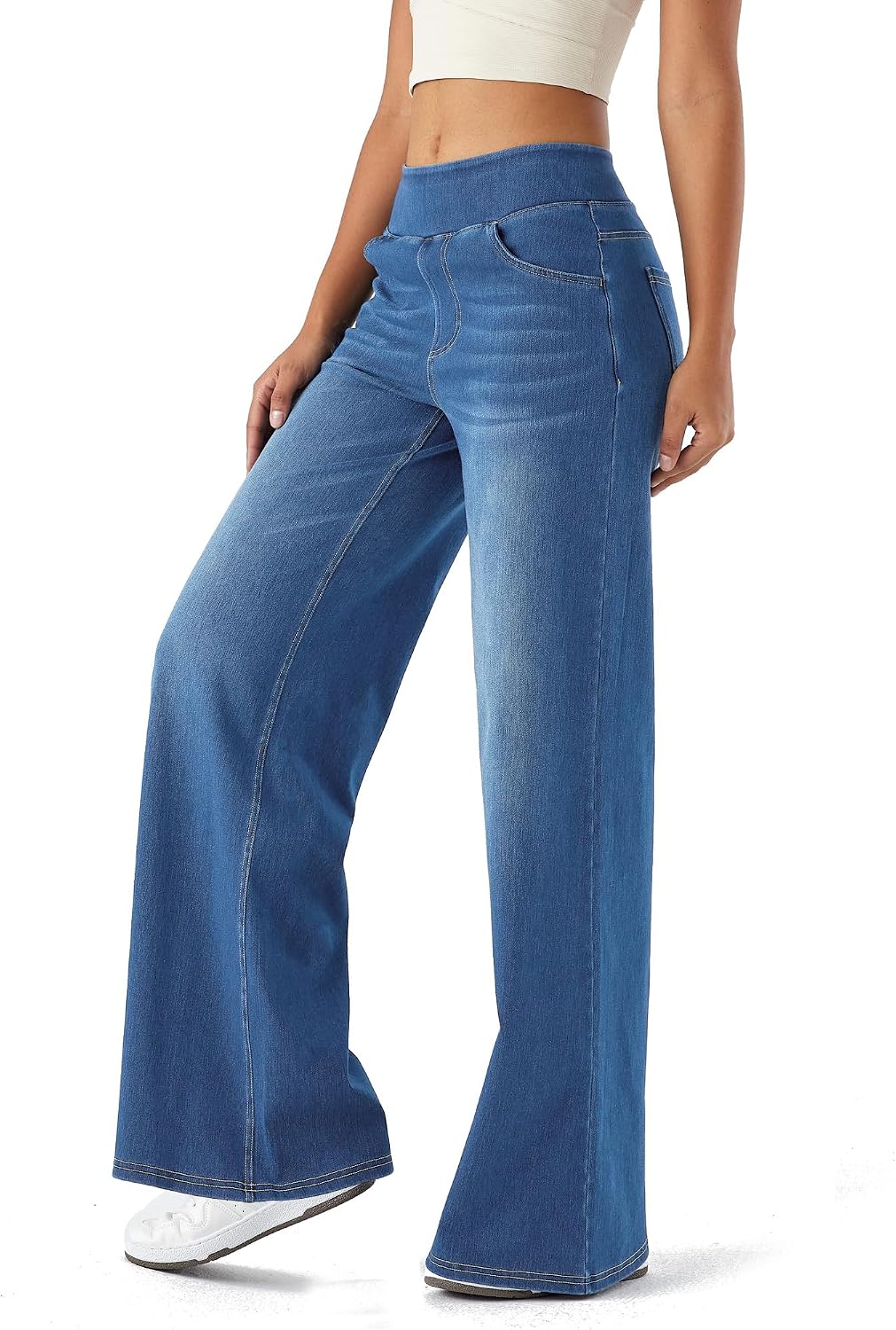 Blauwe wide leg jeans met elastische band, zijaanzicht