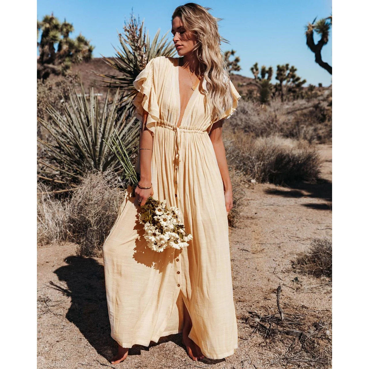 Dames Maxi Jurk in Crèmekleur met Soepelvallende Pasvorm – Tijdloos & Elegant – Qyveraëlle