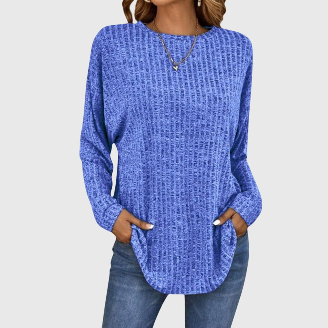 Ribgebreide dames tuniektop met ronde hals en lange mouwen in blauw