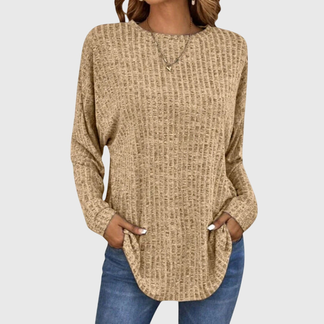 Ribgebreide dames tuniektop met ronde hals en lange mouwen in camel
