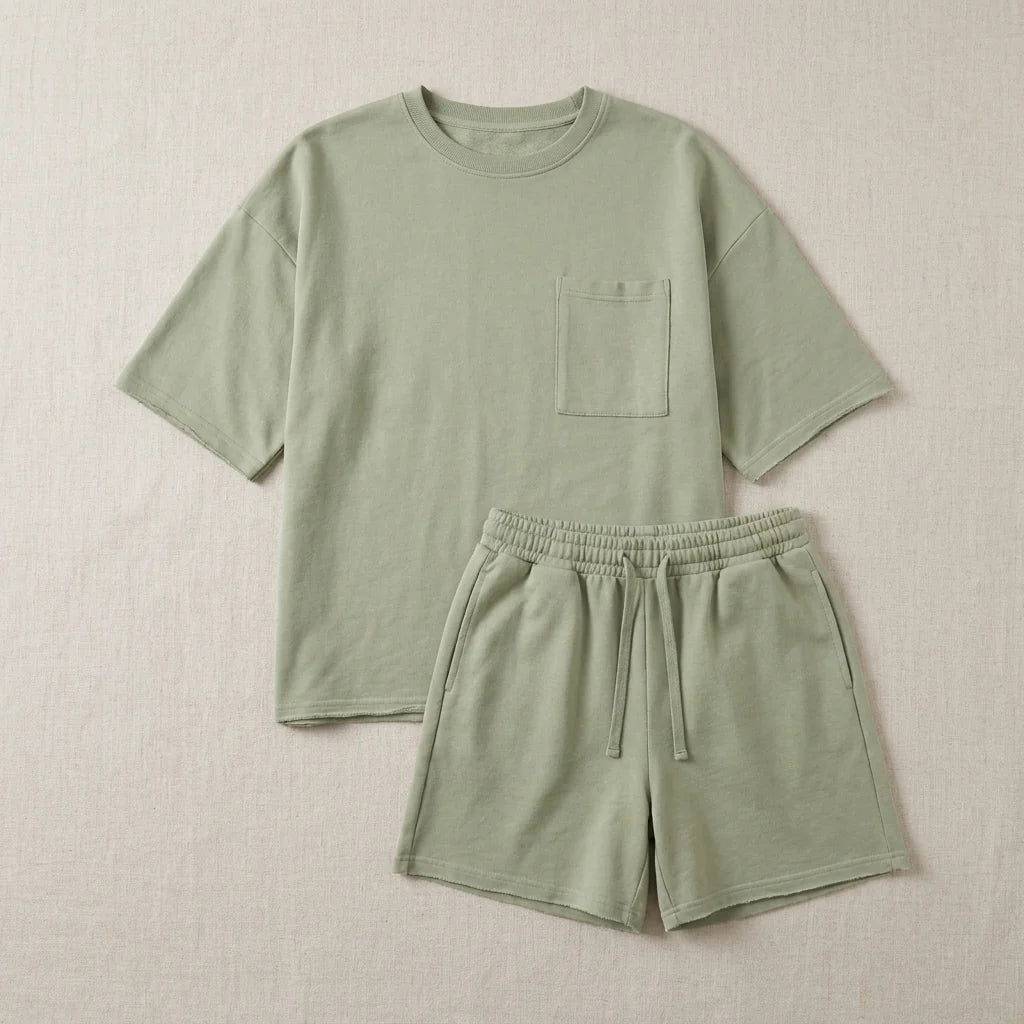 Tweedelige Set met Oversized Top, Borstzakje en Wijde Short – Moeiteloos & Zomers – Rivaline