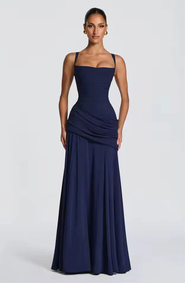 Maxi Jurk met Sweetheart Halslijn en Asymmetrische Plooi – Elegant & Vrouwelijk – Roosmarijn