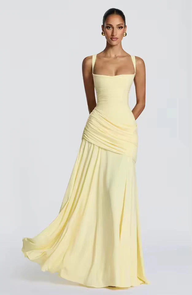 Maxi Jurk met Sweetheart Halslijn en Asymmetrische Plooi – Elegant & Vrouwelijk – Roosmarijn
