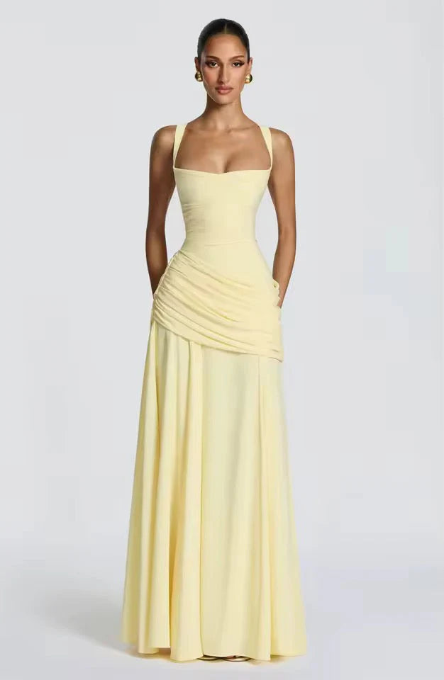 Maxi Jurk met Sweetheart Halslijn en Asymmetrische Plooi – Elegant & Vrouwelijk – Roosmarijn