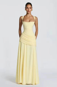 Maxi Jurk met Sweetheart Halslijn en Asymmetrische Plooi – Elegant & Vrouwelijk – Roosmarijn