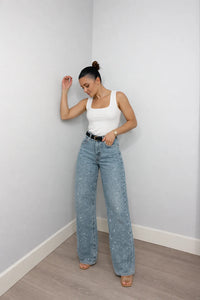 Rechte High-Waist Jeans met Glitterdetails – Modieus & Veelzijdig – Roosje