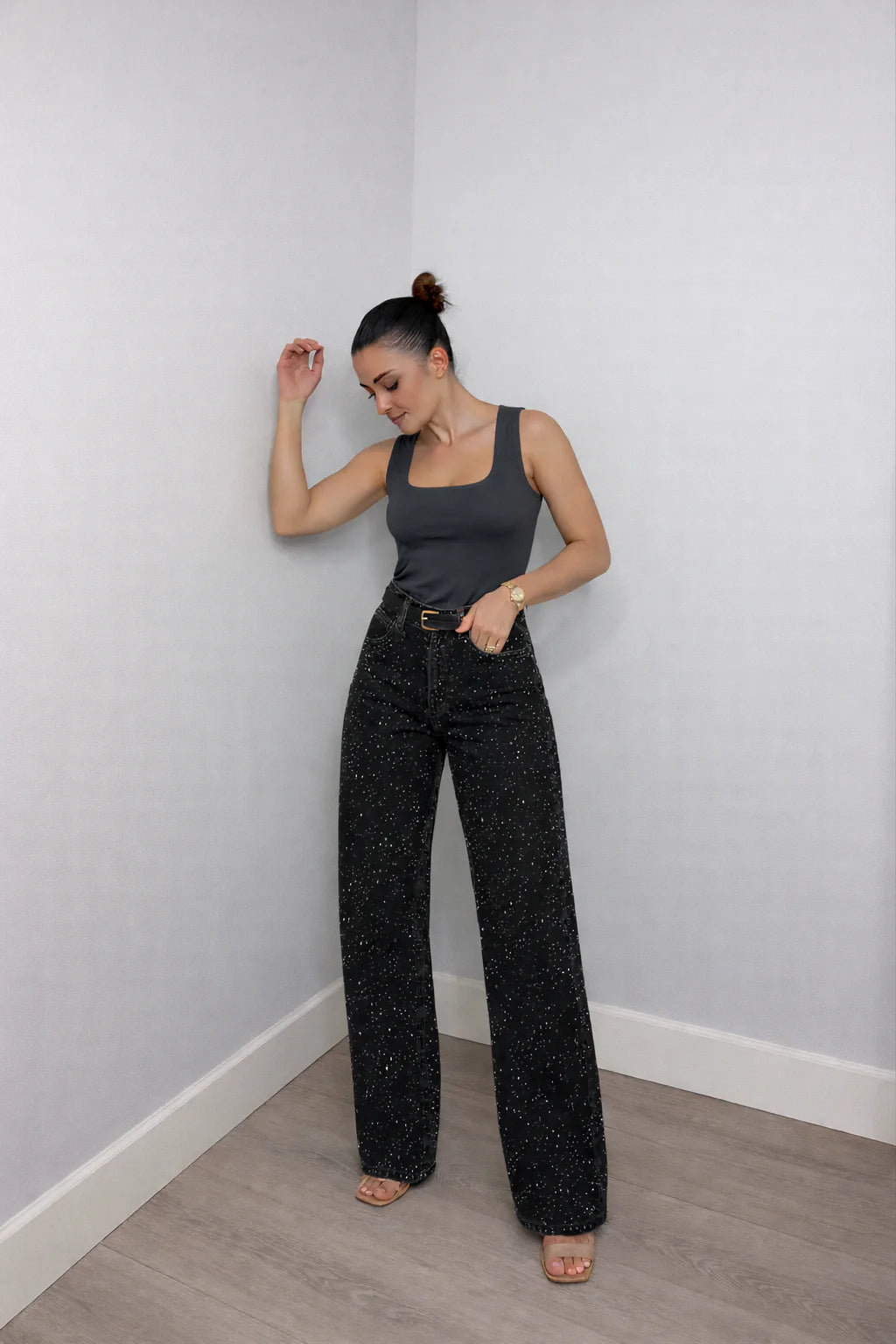 Rechte High-Waist Jeans met Glitterdetails – Modieus & Veelzijdig – Roosje