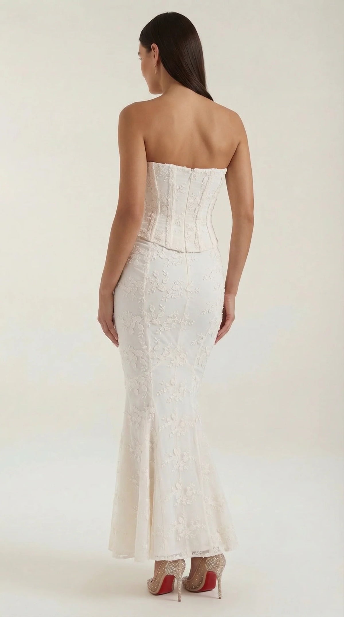 Witte Zeemeermin Maxi Jurk met Korset Lijfje en Kant – Feestelijk & Elegant – Rosalienne