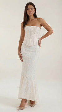 Witte Zeemeermin Maxi Jurk met Korset Lijfje en Kant – Feestelijk & Elegant – Rosalienne