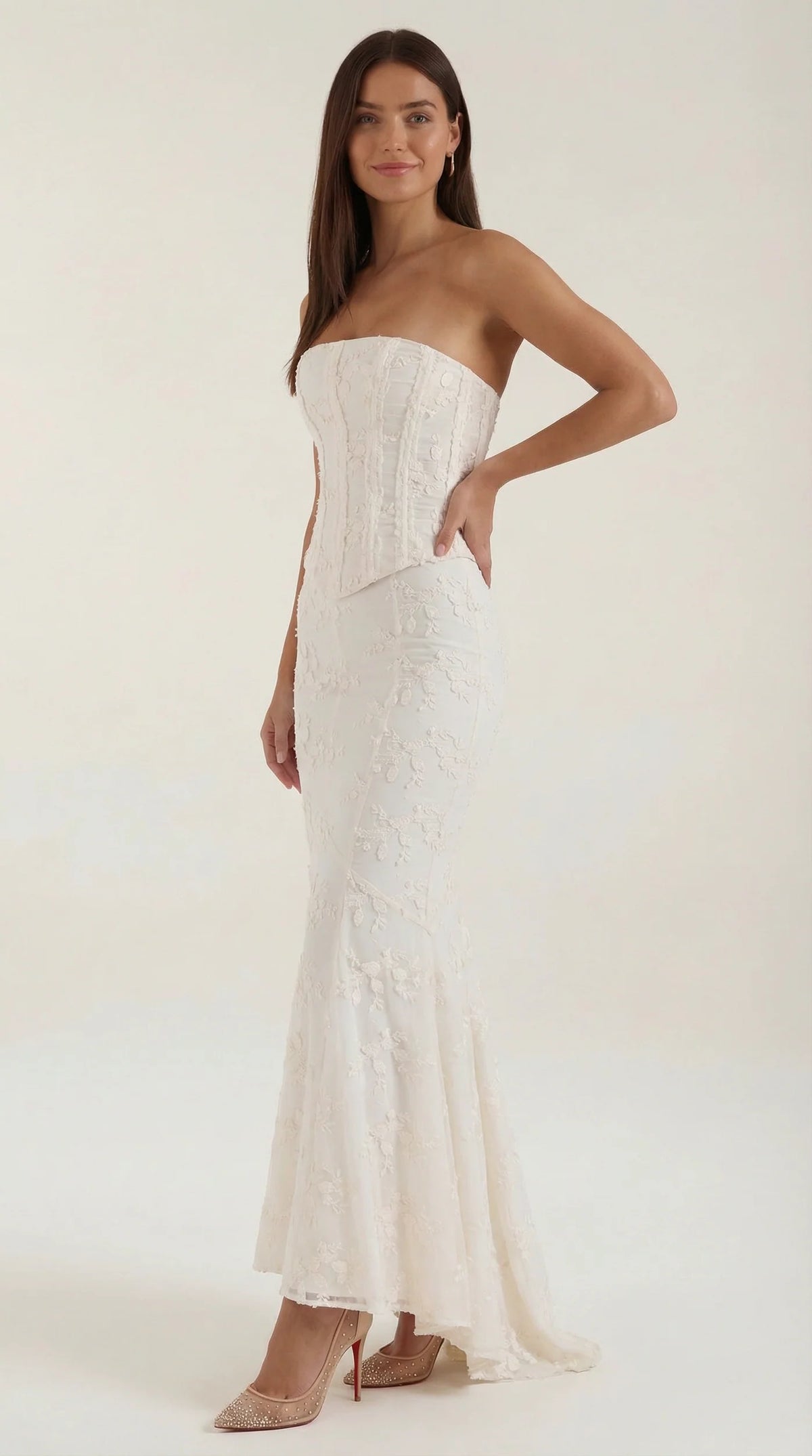 Witte Zeemeermin Maxi Jurk met Korset Lijfje en Kant – Feestelijk & Elegant – Rosalienne