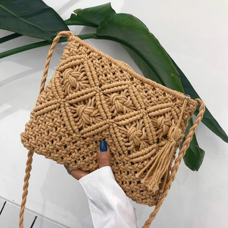 Geweven Boho Schoudertas met Ruitpatroon en Rits – Luchtig & Zomers – Rosaline