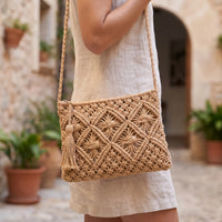 Geweven Boho Schoudertas met Ruitpatroon en Rits – Luchtig & Zomers – Rosaline
