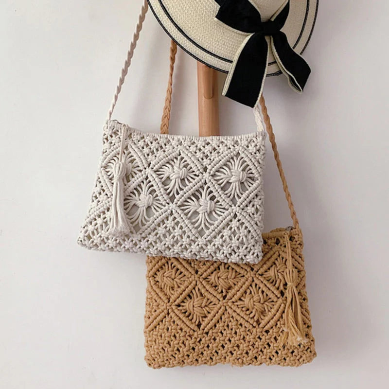 Geweven Boho Schoudertas met Ruitpatroon en Rits – Luchtig & Zomers – Rosaline