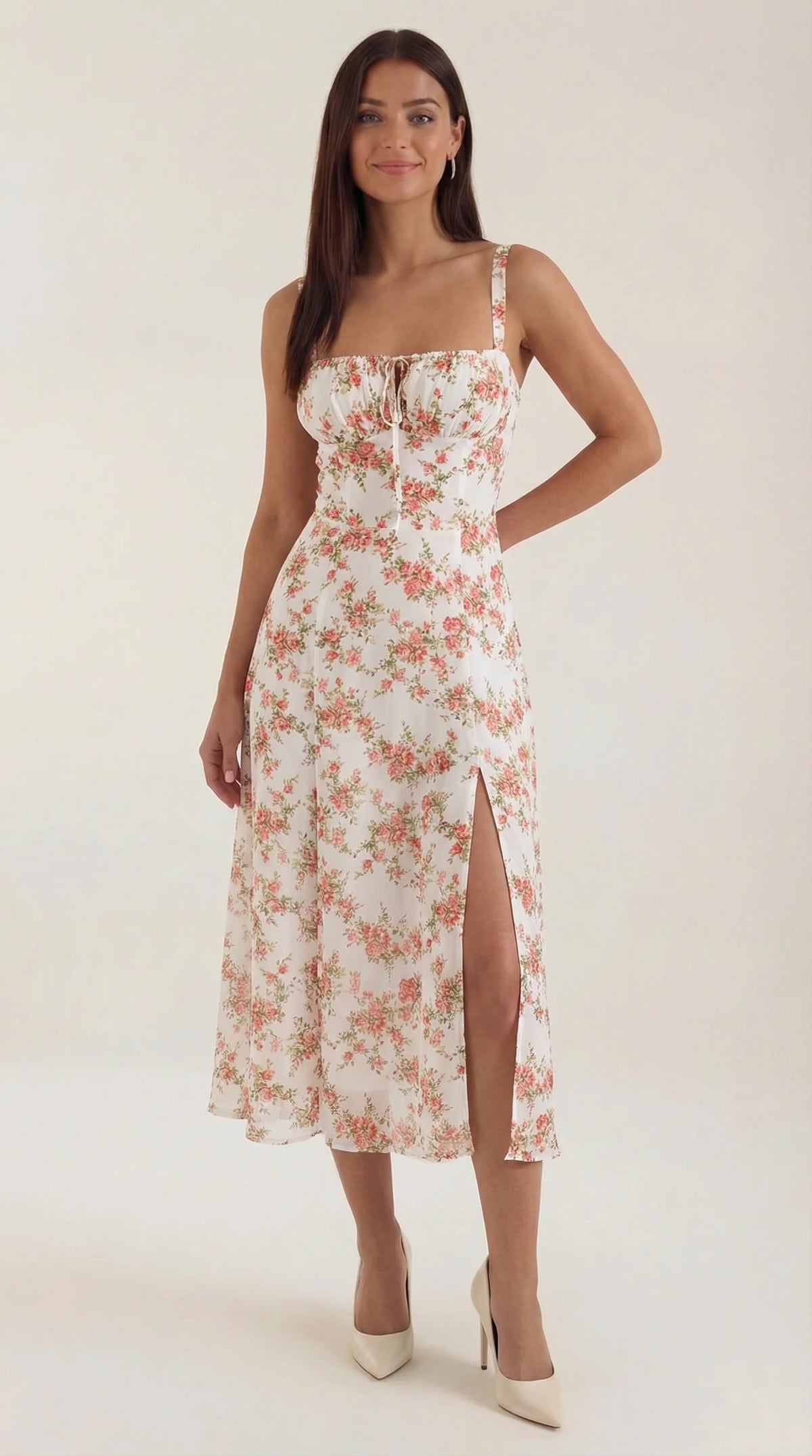 A-lijn Midi Jurk met Vintage Bloemenprint en Hartvormige Hals – Vrouwelijk & Tijdloos – Rosemie