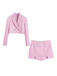 Roze pied-de-poule blazerset dames, cropped blazer en skort voorkant