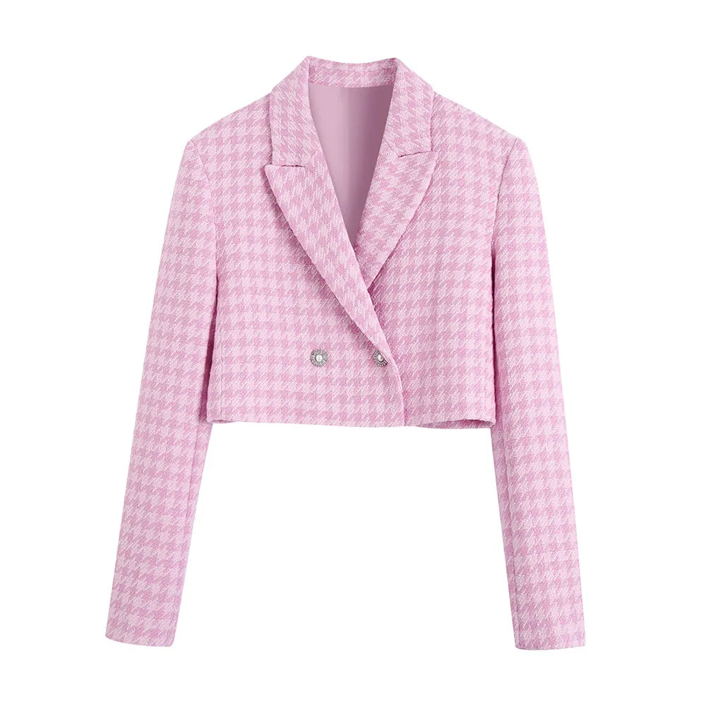 Roze pied-de-poule cropped blazer met reverskraag en sierknopen
