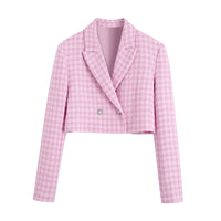Roze pied-de-poule cropped blazer met reverskraag en sierknopen