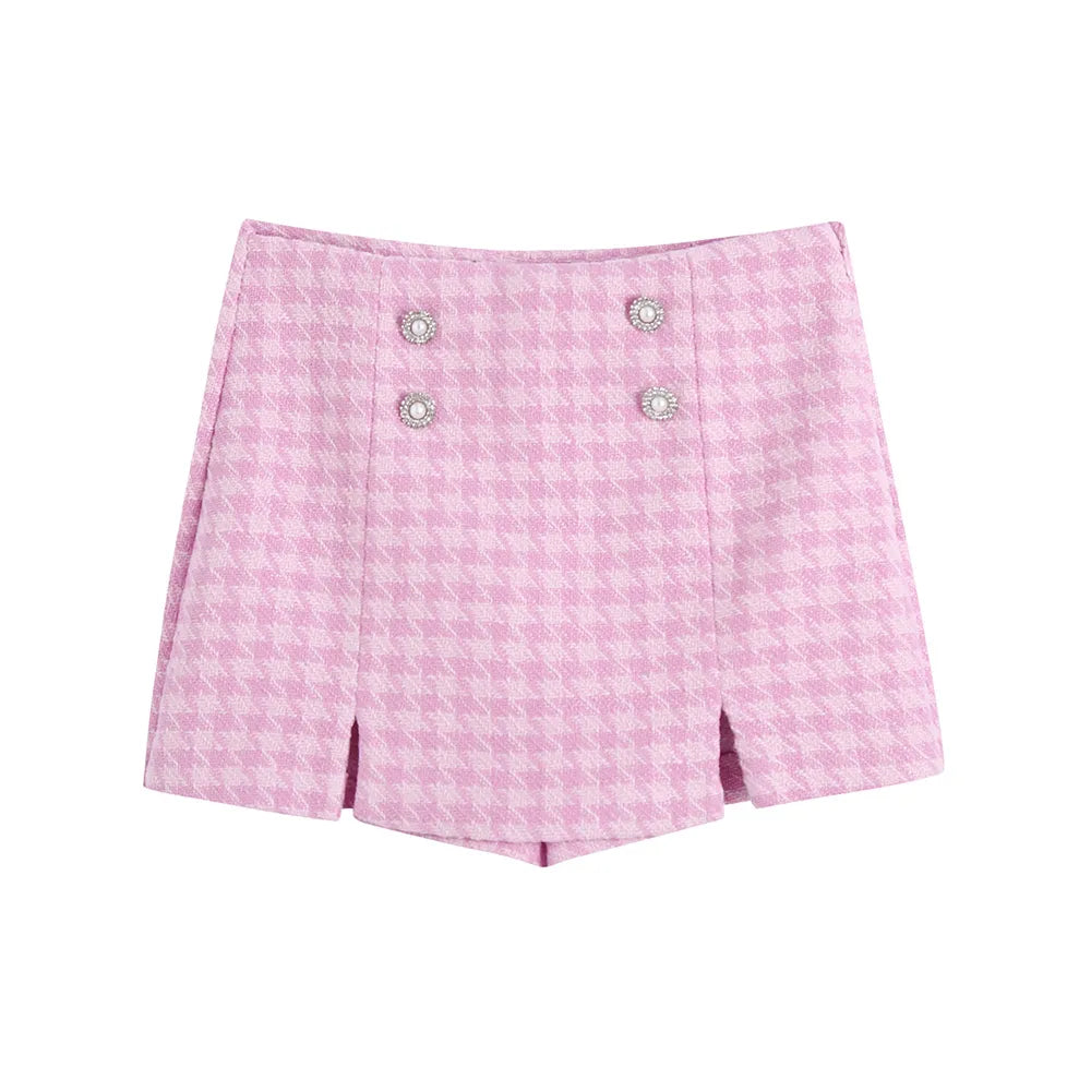 Roze pied-de-poule skort met hoge taille, sierknopen en splitjes