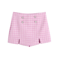Roze pied-de-poule skort met hoge taille, sierknopen en splitjes
