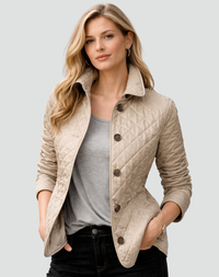 Ruitgestikte tussenseizoenjas dames in beige met kraag en knopen, voorkant