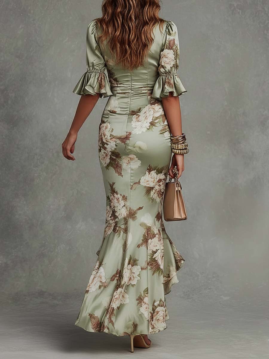 Satijnen Maxi Jurk met Bloemenprint en Diepe V-hals – Romantisch & Elegant – Sabine
