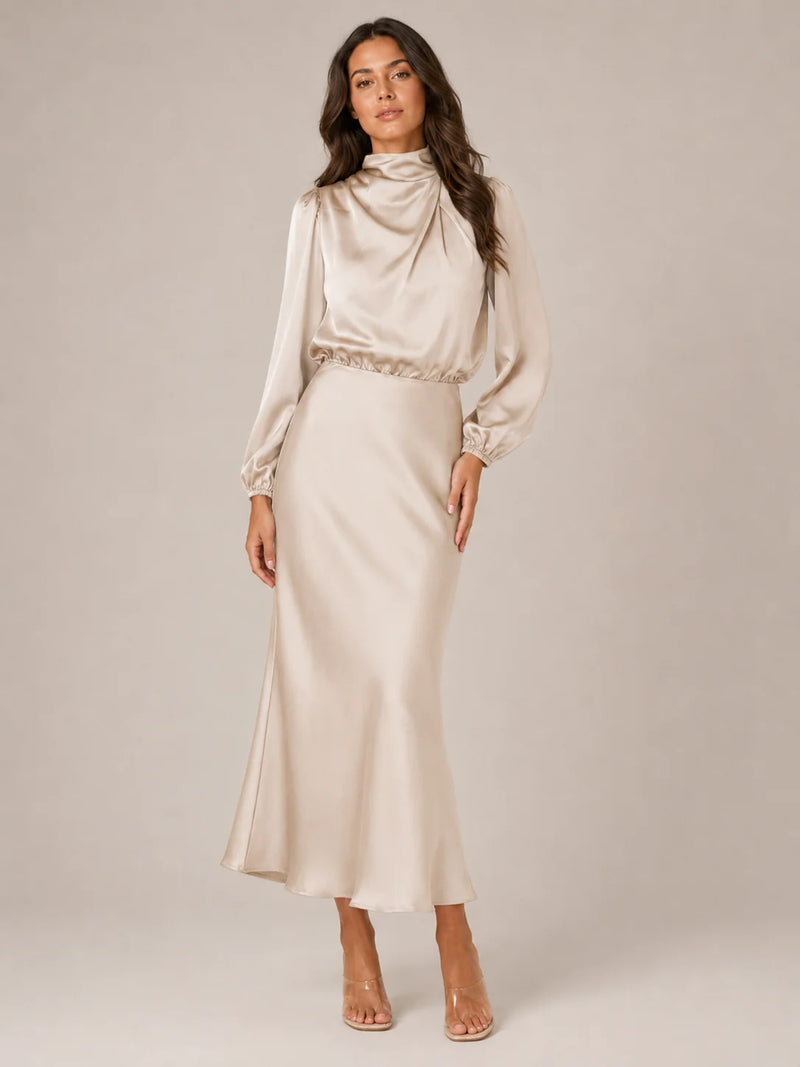 Matte Satijnen Dames Midi-Jurk met Pofmouwen en Hoge Hals