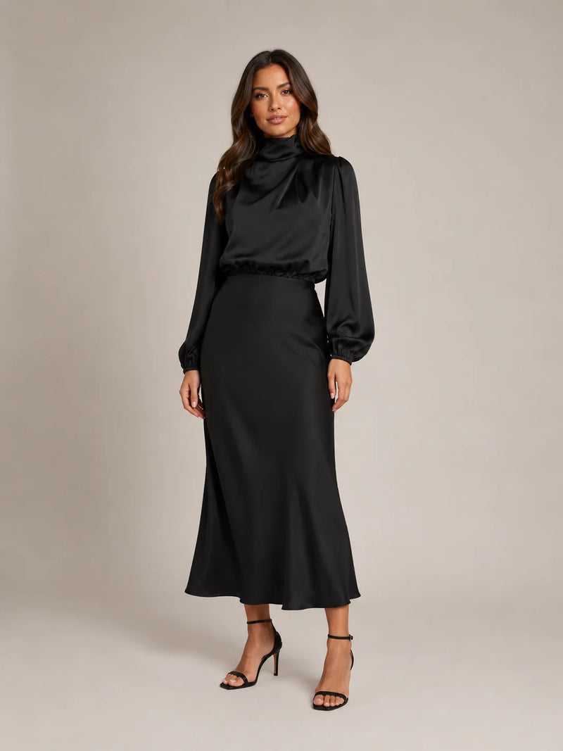 Matte Satijnen Dames Midi-Jurk met Pofmouwen en Hoge Hals