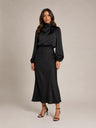 Matte Satijnen Dames Midi-Jurk met Pofmouwen en Hoge Hals