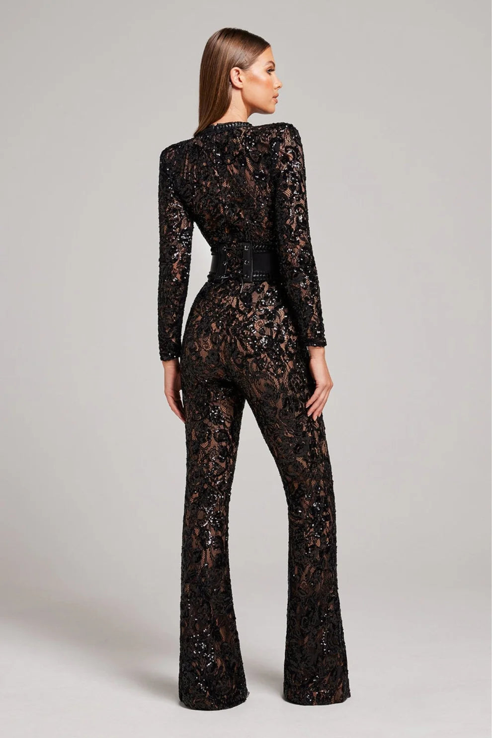 Jumpsuit met Lange Mouwen, Kant en Pailletten – Glamoureus & Feestelijk – Sévalienne