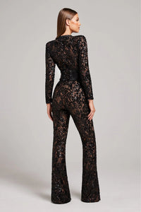 Jumpsuit met Lange Mouwen, Kant en Pailletten – Glamoureus & Feestelijk – Sévalienne