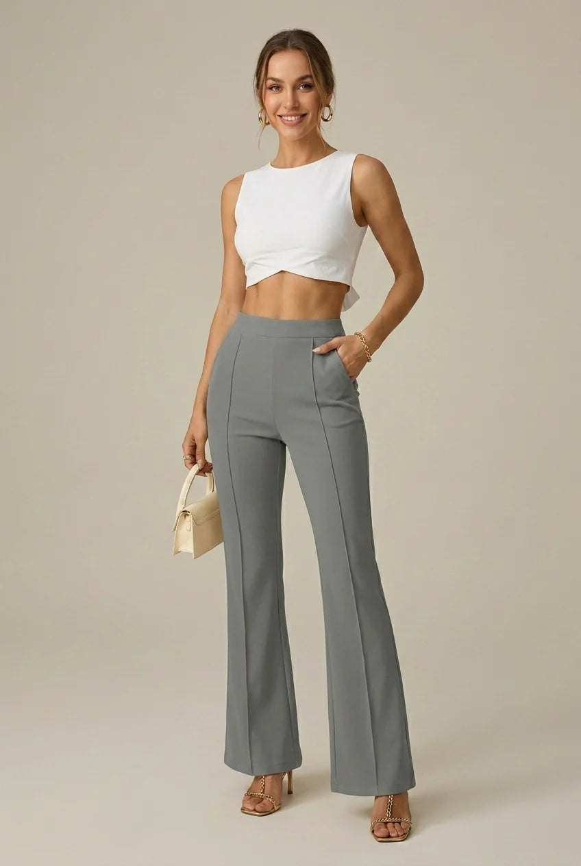High Waist Flared Broek met Wijde Pijpen en Stretch Taille – Elegant & Flatterend – Sévrienne