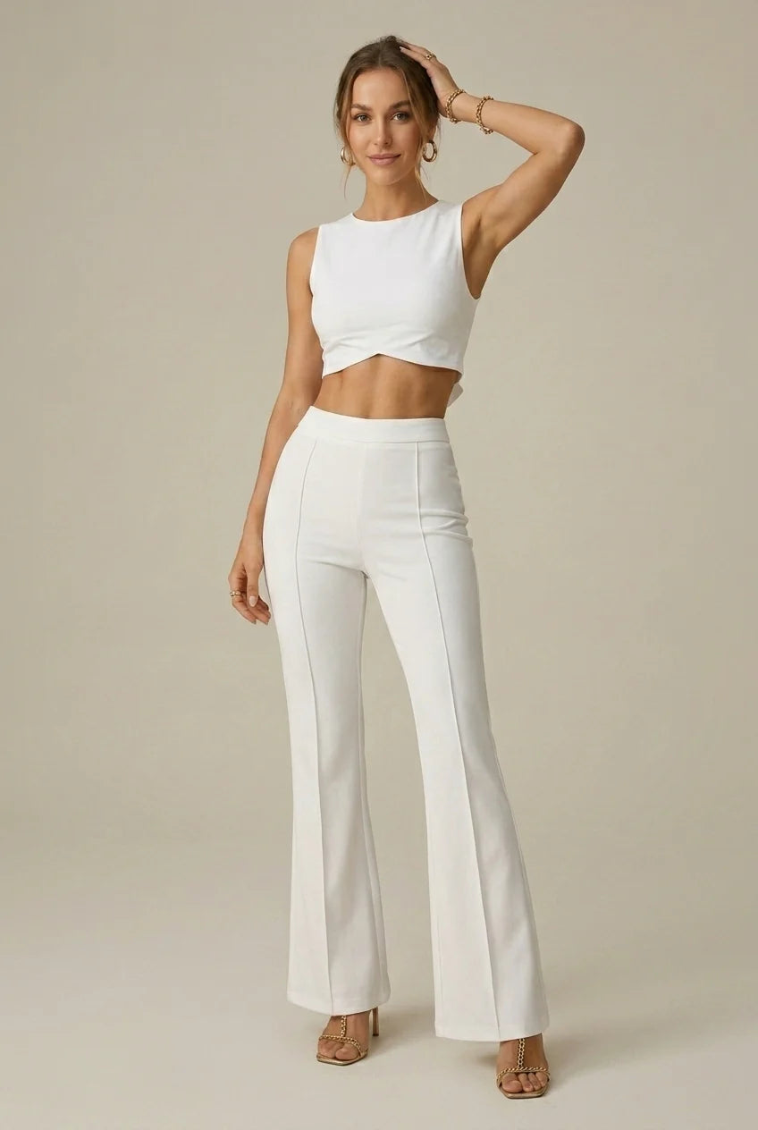 High Waist Flared Broek met Wijde Pijpen en Stretch Taille – Elegant & Flatterend – Sévrienne