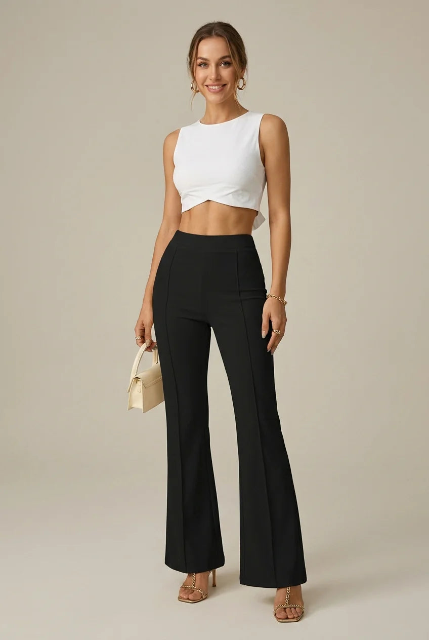 High Waist Flared Broek met Wijde Pijpen en Stretch Taille – Elegant & Flatterend – Sévrienne