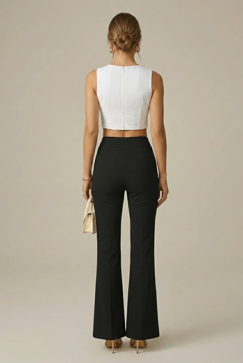 High Waist Flared Broek met Wijde Pijpen en Stretch Taille – Elegant & Flatterend – Sévrienne