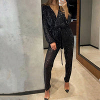 Glitterende Jumpsuit met Diepe V-hals en Tailleriem – Glamoureus & Feestelijk – Sidwine