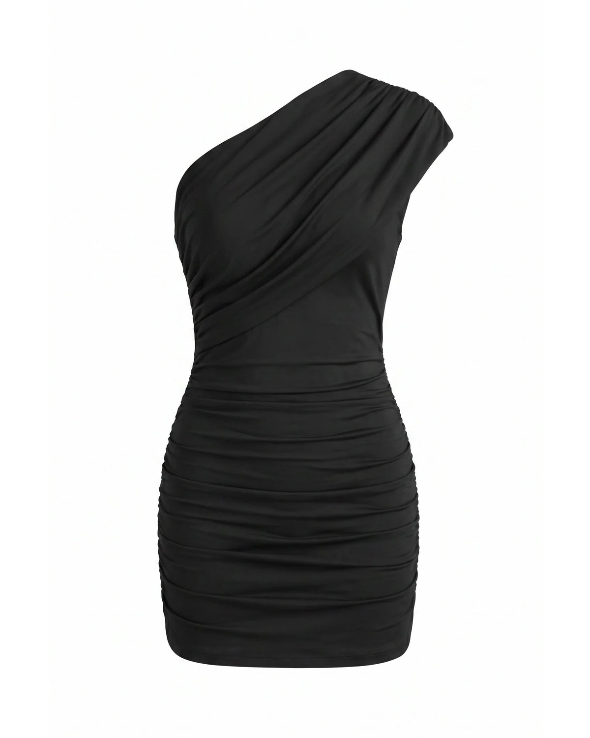 Mini Jurk met One-Shoulder Hals en Geplooid Lijfje – Elegant & Feestelijk – Solveine