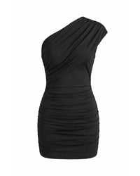 Mini Jurk met One-Shoulder Hals en Geplooid Lijfje – Elegant & Feestelijk – Solveine