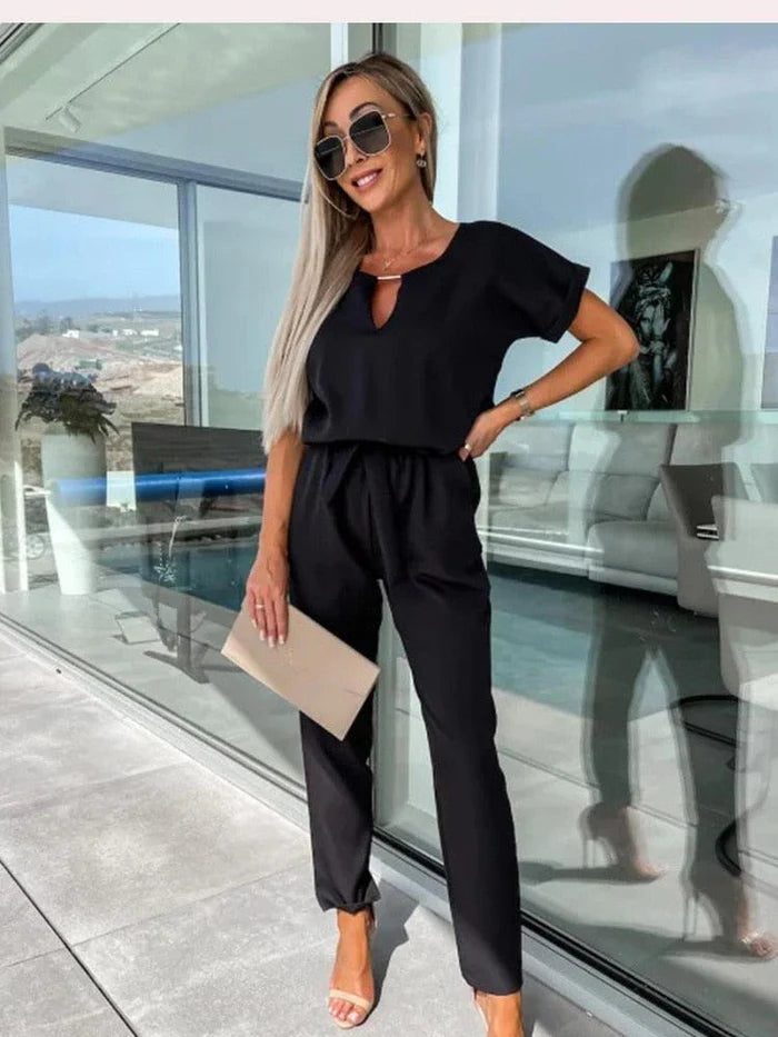 Jumpsuit met V-hals, Korte Mouwen en Wijde Pijpen – Elegant & Comfortabel – Sylvanne