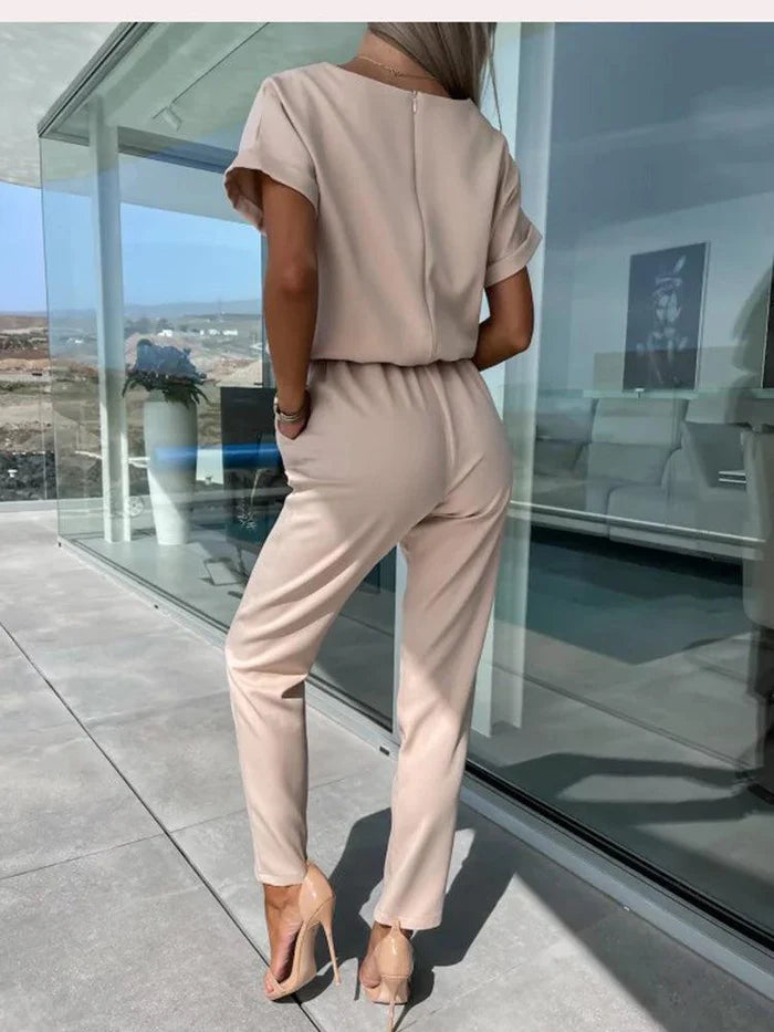 Jumpsuit met V-hals, Korte Mouwen en Wijde Pijpen – Elegant & Comfortabel – Sylvanne
