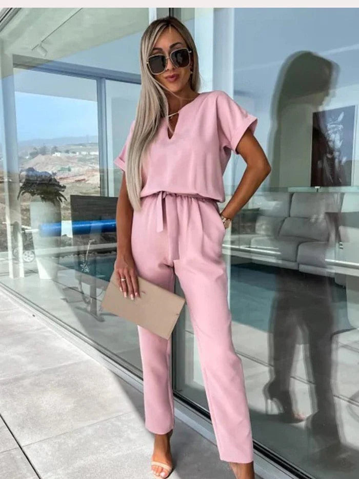 Jumpsuit met V-hals, Korte Mouwen en Wijde Pijpen – Elegant & Comfortabel – Sylvanne
